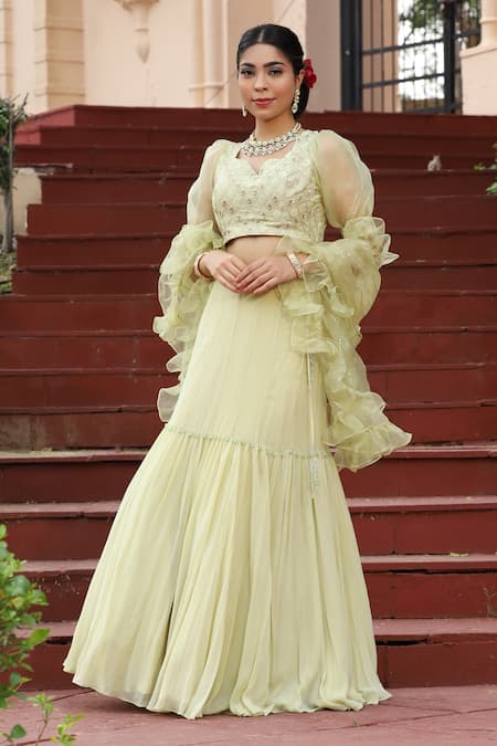Shop_house of mithi kalra_Green Georgette Embroidered Beads V Neck Lehenga Set _at_Aza_Fashions