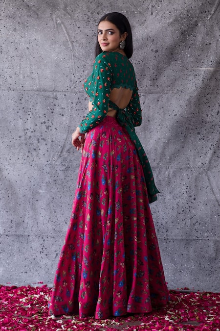 Shachi Sood Floral Print Skirt & Embroidered Blouse Set 