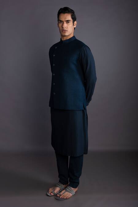 Shop_GRAM OF INK_Blue Bundi  Matka Silk Diagonal And Kurta Set_at_Aza_Fashions