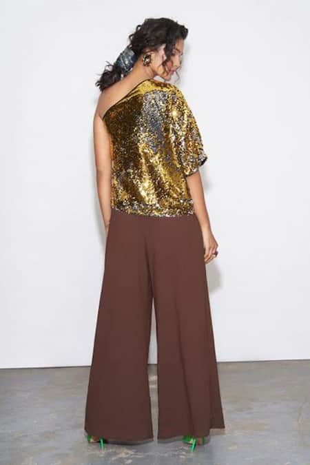 Shop_Style Junkiie_Gold Sequins One Shoulder Embellished Top _at_Aza_Fashions