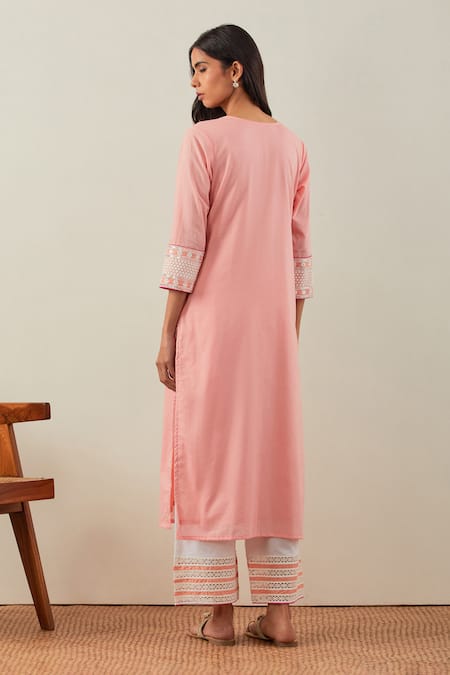 Shop The Indian Cause Peach Cotton Embroidery Round Neck Chikankari Kurta And Palazzo Set at Aza Fashions Shop_The Indian Cause_Peach Cotton Embroidery Round Neck Chikankari Kurta And Palazzo Set_at_Aza_Fashions