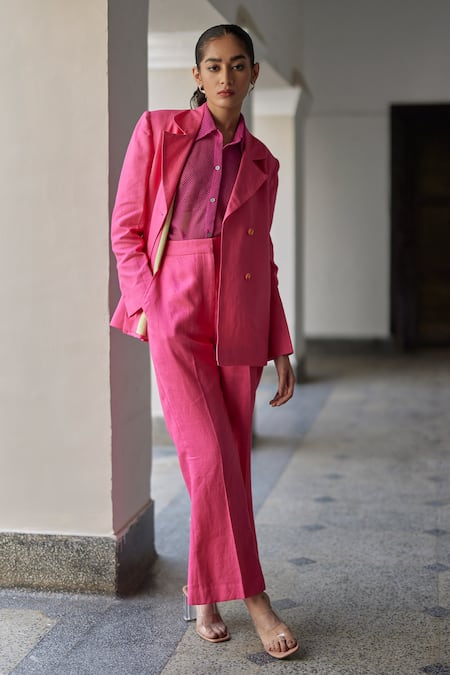 Shop_Betrue_Pink Cotton Collared Mesh Half Sleeve Shirt _at_Aza_Fashions