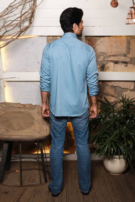 Shop Echke Blue Cotton Asymmetric Collar Shirt at Aza Fashions Shop_Echke_Blue Cotton Asymmetric Collar Shirt_at_Aza_Fashions