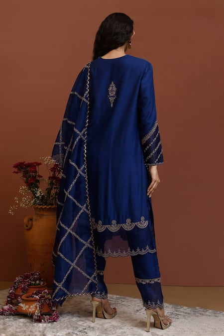 Shop Neha Poddar Blue Kurta Muga Silk Embroidery Dori Round Neckline Straight Fit Set at Aza Fashions Shop_Neha Poddar_Blue Kurta Muga Silk Embroidery Dori Round Neckline Straight Fit Set _at_Aza_Fashions