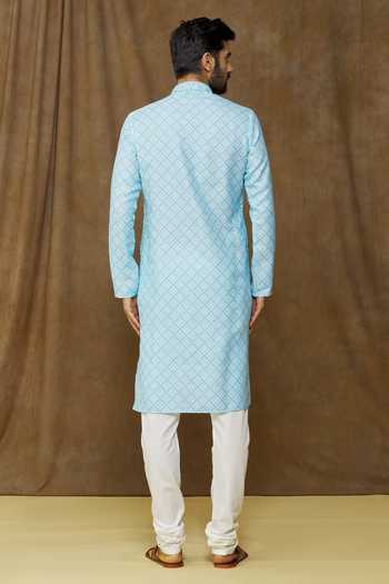 Shop Arihant Rai Sinha Blue Cotton, , Chanderi Embroidery Geometric Print Straight Kurta Set at Aza Fashions Shop_Arihant Rai Sinha_Blue Cotton, , Chanderi Embroidery Geometric Print Straight Kurta Set _at_Aza_Fashions
