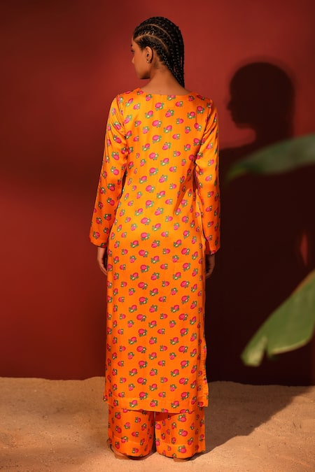 Shop Shetab Kazmi Orange Modal, Satin Round Neck Floral Digital Print Kurta Palazzo Set at Aza Fashions Shop_Shetab Kazmi_Orange Modal, Satin Round Neck Floral Digital Print Kurta Palazzo Set _at_Aza_Fashions