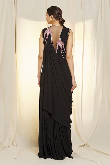 Vivek Patel Black Embroidered Pre-Draped Saree Gown 