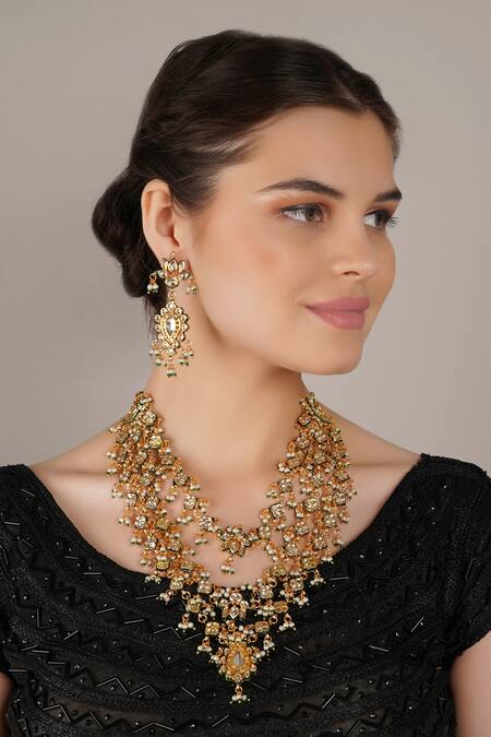 ChhavI'S Jewels_White Diamonds, Pearls And Kundan Embellished Layered Necklace Set _Online_at_Aza_Fashions