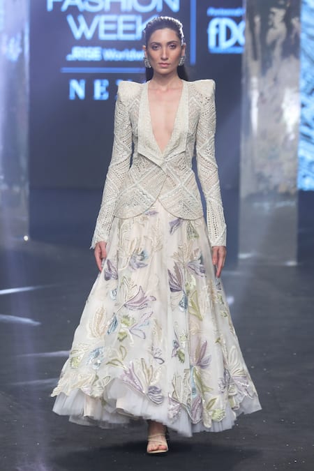 Shop Ritika Mirchandani Ivory Net Embroidery Bead Geneva Geometric Blazer And Lehenga Set at Aza Fashions Shop_Ritika Mirchandani_Ivory Net Embroidery Bead Geneva Geometric Blazer And Lehenga Set _at_Aza_Fashions