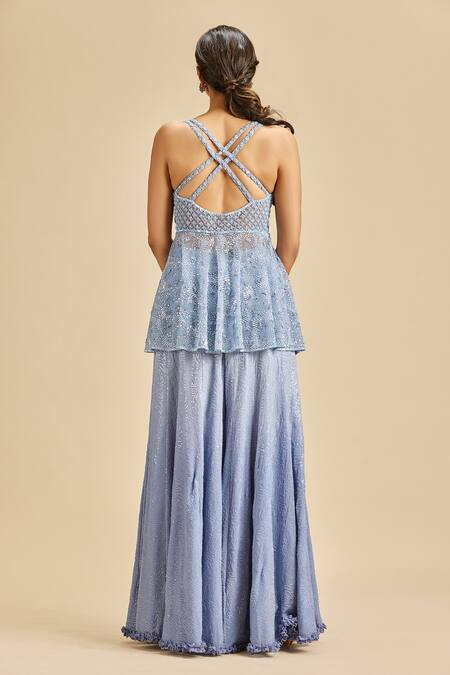 Shop Nitika Gujral Blue Sharara Georgette And Peplum Top & Dupatta Net Embroidery & Bead Set at Aza Fashions Shop_Nitika Gujral_Blue Sharara Georgette And Peplum Top & Dupatta Net Embroidery & Bead Set _at_Aza_Fashions
