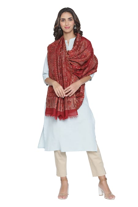 Shop Shingora Maroon Woven Paisley Border Shawl at Aza Fashions Shop_Shingora_Maroon Woven Paisley Border Shawl_at_Aza_Fashions
