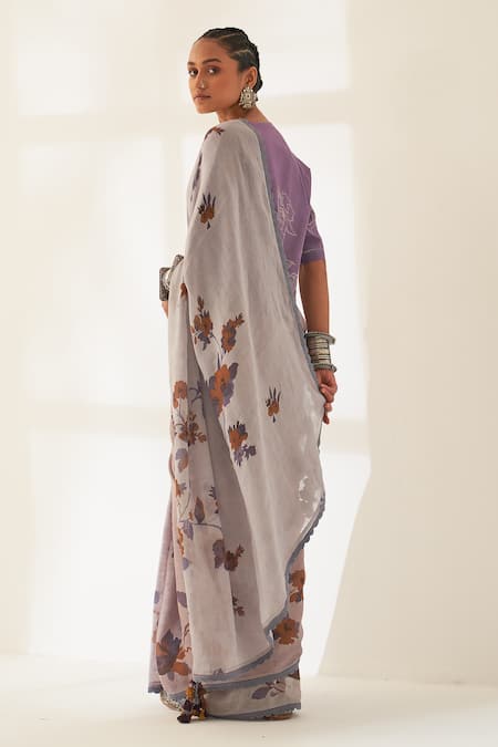 Shop_Kasturi Kundal_Purple Linen Embroidery V-neck Jamun Pure Handloom Saree With Unstitched Blouse _at_Aza_Fashions