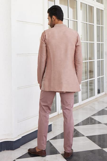 Shop_Charu And Vasundhara_Pink Silk, Cotton Cut Work, Embroidery Salmon Bundi And Kurta Set _at_Aza_Fashions