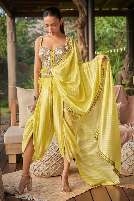 Shop_Surily G_Yellow Silk Hand Embroidered Shells Sweetheart Neck Corset  _at_Aza_Fashions