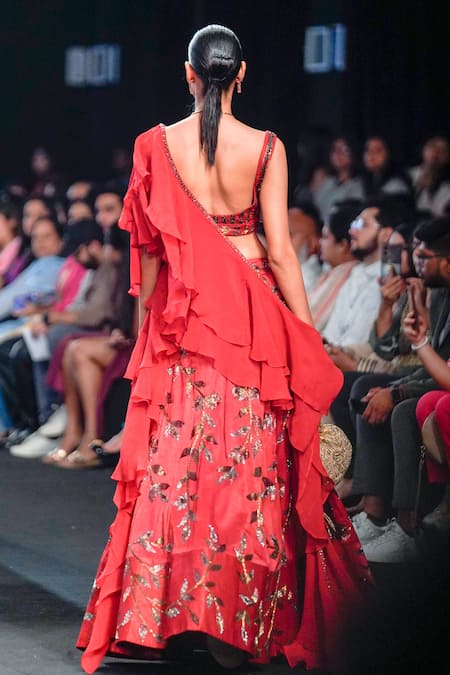 Shop Sejal Kamdar Maroon Gajji Silk Embellished And Printed Ajrakh Deep Leaf Vine Lehenga Set at Aza Fashions Shop_Sejal Kamdar_Maroon Gajji Silk Embellished And Printed Ajrakh Deep Leaf Vine Lehenga Set _at_Aza_Fashions