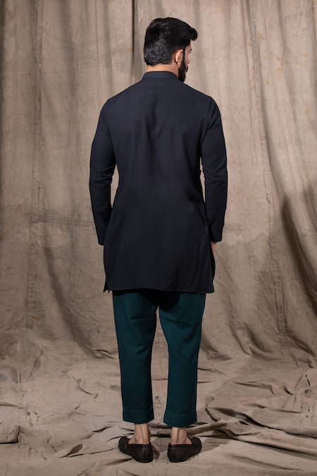 Shop Shreyansh Designs Black Cotton Linen Blend Solid Overlap Kurta at Aza Fashions Shop_Shreyansh Designs_Black Cotton Linen Blend Solid Overlap Kurta _at_Aza_Fashions