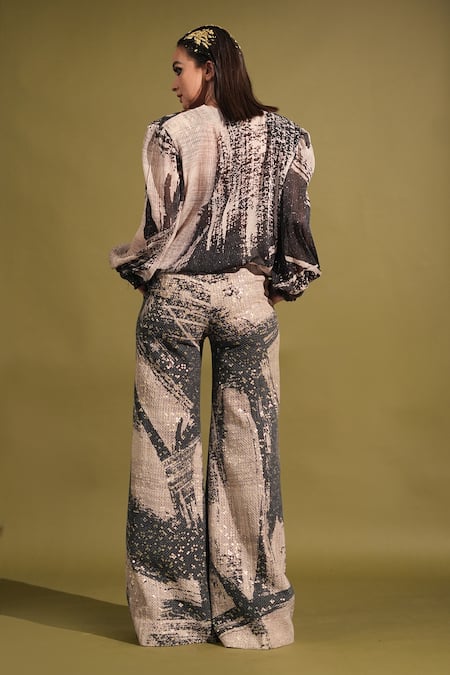 Shop_Nikita Mhaisalkar_Black Georgette Sequins Brush Stroke Print Broad Hem Pant _at_Aza_Fashions
