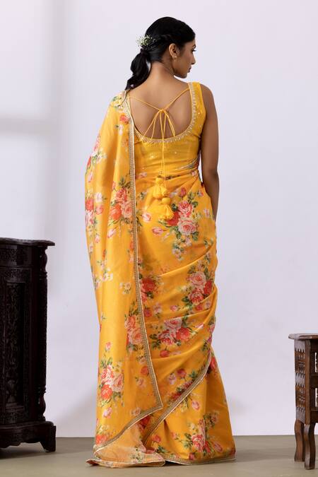 Shop Abbaran Yellow Chanderi Embroidery Round Neck Pre-draped Saree With Blouse at Aza Fashions Shop_Abbaran_Yellow Chanderi Embroidery Round Neck Pre-draped Saree With Blouse_at_Aza_Fashions