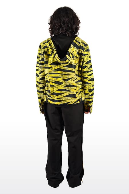 Shop_Theorem_Black Cotton, Denim Work In Progress Tape Print Hoodie _at_Aza_Fashions