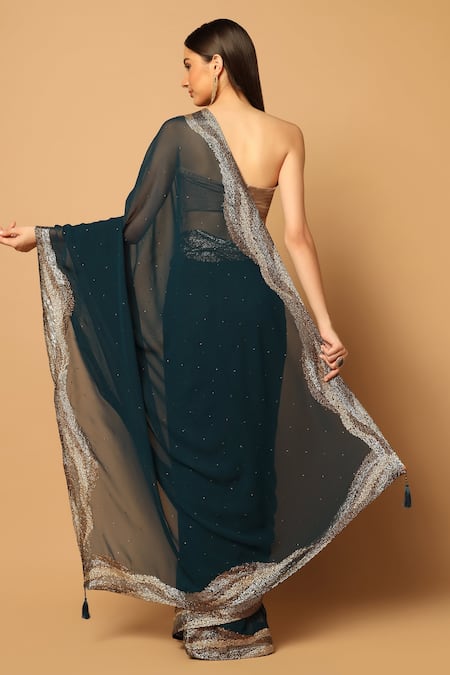 Shop Two Sisters By Gyans Blue Georgette Wave Pattern Embroidered Saree With Unstitched Blouse Fabric at Aza Fashions Shop_Two Sisters By Gyans_Blue Georgette Wave Pattern Embroidered Saree With Unstitched Blouse Fabric _at_Aza_Fashions