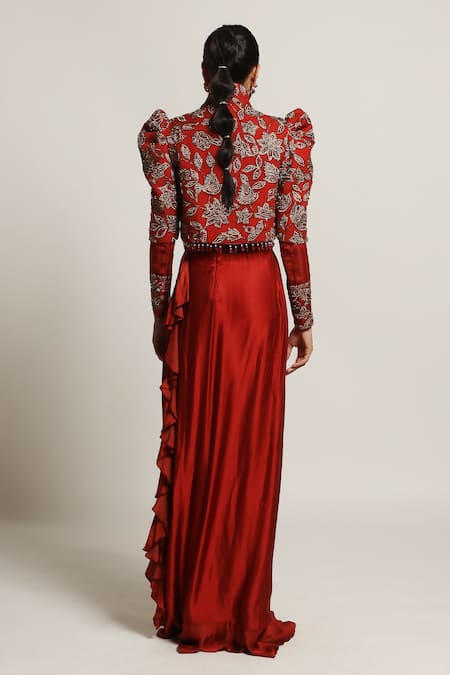 Embroidered Cropped Jacket With A Gathered Gown | Indo Western Gowns - Anj
