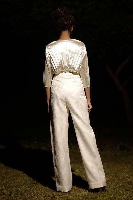 Shop Zwaan Ivory Satin Wide Leg Pant at Aza Fashions Shop_Zwaan_Ivory Satin Wide Leg Pant_at_Aza_Fashions