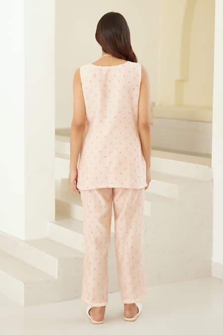 Buy_Cotton And Clay_Pink Modal, Chanderi Embroidery Round Hand Block Print Long Kimono Trouser Set _Online_at_Aza_Fashions