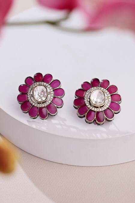 Buy Joules by Radhika Red Austrian Zircon Antique Floral Stud Earrings at Aza Fashions Buy_Joules by Radhika_Red Austrian Zircon Antique Floral Stud Earrings_at_Aza_Fashions