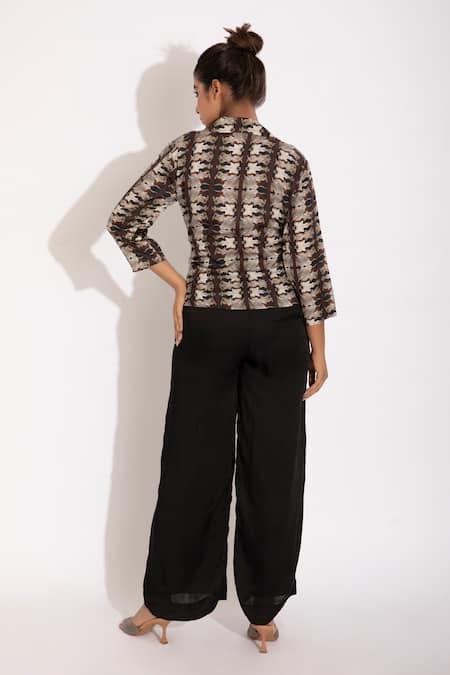 Shop Studio Surbhi Blue Cotton, Silk Shawl Neck Printed Shirt And Pant Set at Aza Fashions Shop_Studio Surbhi_Blue Cotton, Silk Shawl Neck Printed Shirt And Pant Set _at_Aza_Fashions