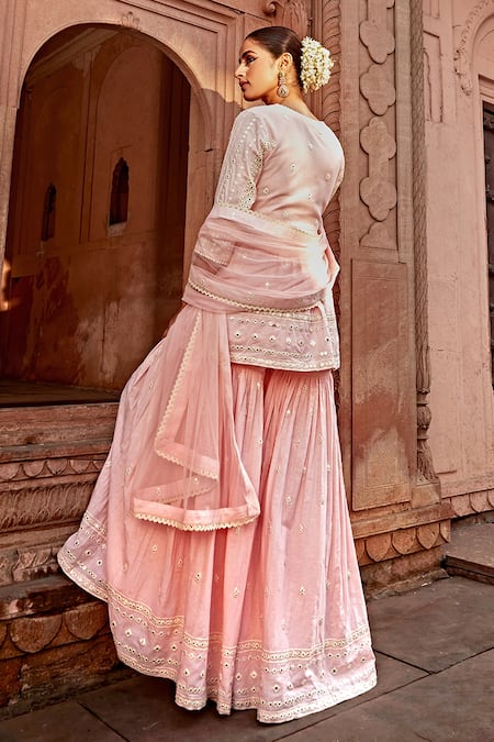 Shop Preevin Pink Cotton, Tulle, Net Embroidery, Mirrors V-neck Peplum Angrakha Sharara Set at Aza Fashions Shop_Preevin_Pink Cotton, Tulle, Net Embroidery, Mirrors V-neck Peplum Angrakha Sharara Set _at_Aza_Fashions