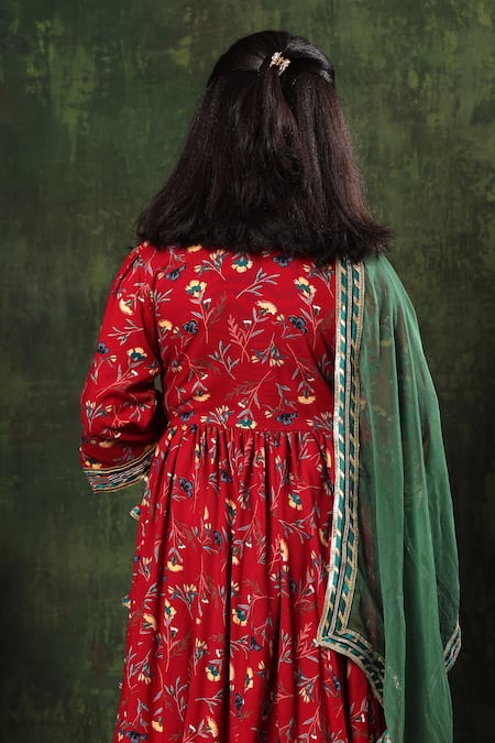 Shop_Littlecheer_Red Viscose, Cotton, Modal, Satin, Chiffon Anarkali Set With Contrast Dupatta _at_Aza_Fashions