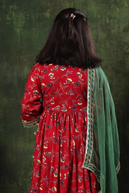 Shop_Littlecheer_Red Viscose, Cotton, Modal, Satin, Chiffon Anarkali Set With Contrast Dupatta _at_Aza_Fashions