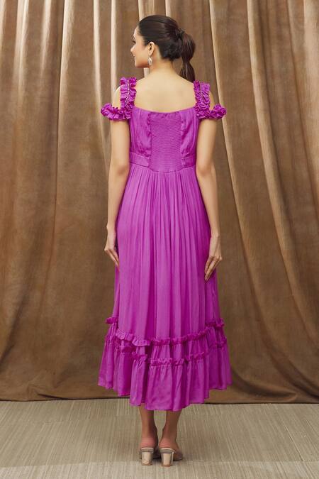 Shop_Bump Loving_Purple Viscose, Polyester Crystals V-neck Hand Embroidered Ruffle Dress _at_Aza_Fashions