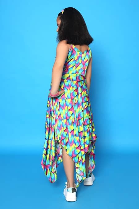 Shop Littlecheer Multi Color Viscose, Satin Feather Print Handkerchief Dress at Aza Fashions Shop_Littlecheer_Multi Color Viscose, Satin Feather Print Handkerchief Dress _at_Aza_Fashions