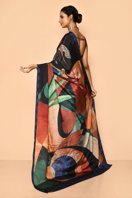 Shop Khwaab By Sanjana Lakhani Black Crepe Embroidery Round Neck Printed Abstract Pattern Saree at Aza Fashions Shop_Khwaab By Sanjana Lakhani_Black Crepe Embroidery Round Neck Printed Abstract Pattern Saree_at_Aza_Fashions