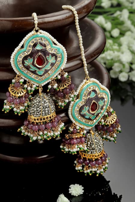 Dugran By Dugristyle Multi Color American Diamonds Meenakari And Bead Drop Jhumkis 