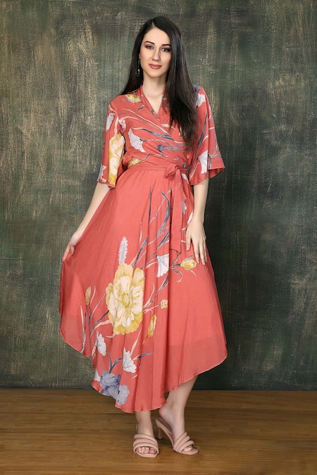 Shop Whimsical By Shica Pink Organza, Satin V-neck Flower Vine Print Dress at Aza Fashions Shop_Whimsical By Shica_Pink Organza, Satin V-neck Flower Vine Print Dress _at_Aza_Fashions