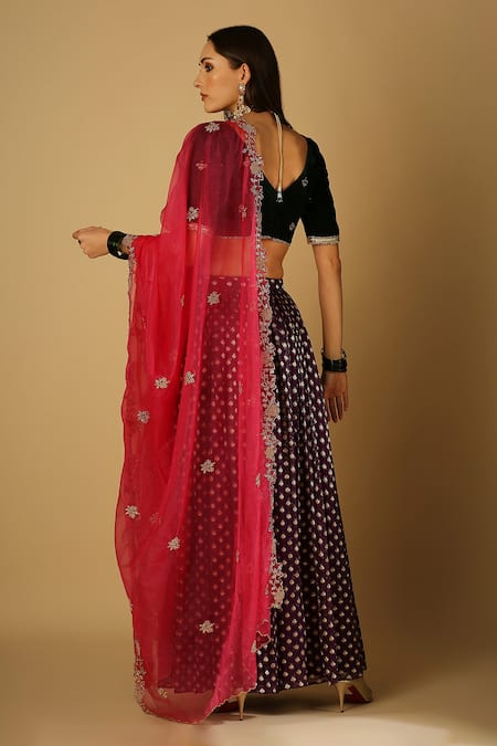 Shop Monk & Mei By Sonia Anand Purple Organza, Velvet, Brocade Embroidery Roza Floral Woven Lehenga Blouse Set at Aza Fashions Shop_Monk & Mei By Sonia Anand_Purple Organza, Velvet, Brocade Embroidery Roza Floral Woven Lehenga Blouse Set _at_Aza_Fashions