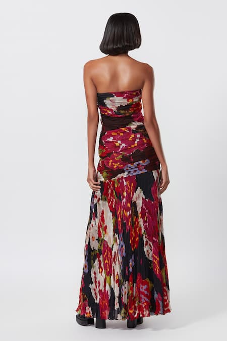 Shop_Saaksha & Kinni_Black Chiffon Round Neck Abstract Floral Print Strapless Gown _at_Aza_Fashions
