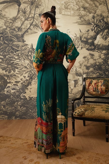 Shop_Kalista_Green Crepe Embroidery Collared Seinna Mughal Print Jumpsuit _at_Aza_Fashions