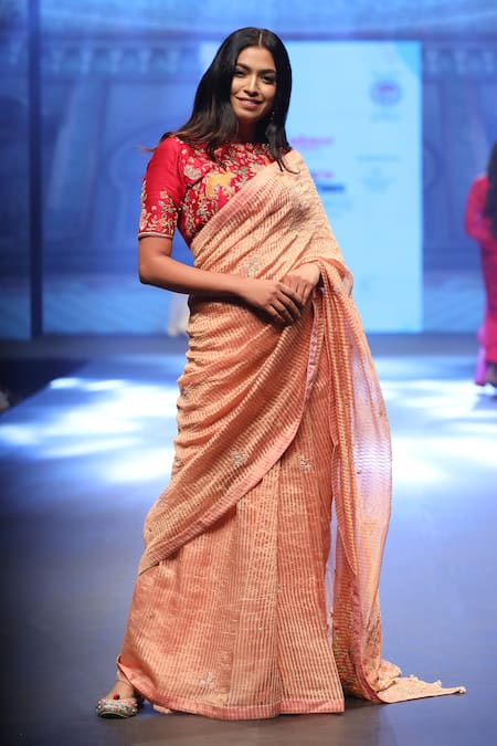 Shinor Organza Tissue Striped Saree With Floral Blouse 