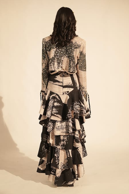 Shop_Nikita Mhaisalkar_Black Georgette Sequins, Embroidery Collared Brush Stroke Print Bomber Jacket _at_Aza_Fashions