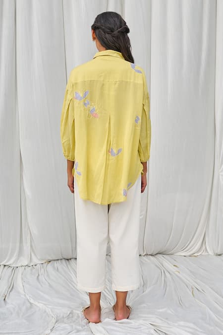 Shop_Ayaka_Yellow Cotton Embroidery Collared Applique Shirt _at_Aza_Fashions