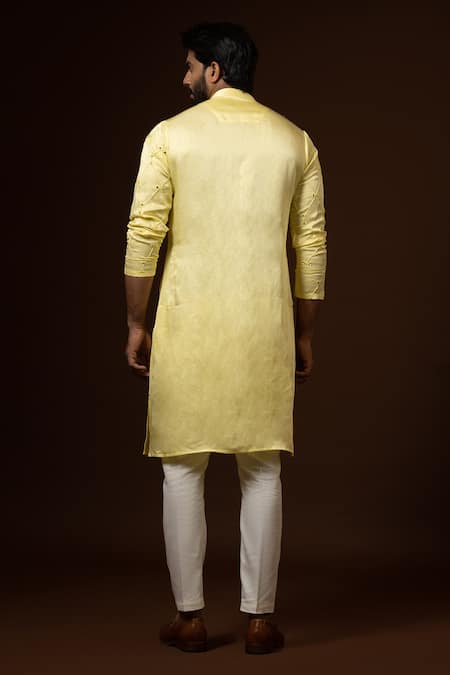Shop PAARSH Yellow Linen, Satin, Cotton Embroidery, Mirrors Checkered Kurta Set at Aza Fashions Shop_PAARSH_Yellow Linen, Satin, Cotton Embroidery, Mirrors Checkered Kurta Set _at_Aza_Fashions