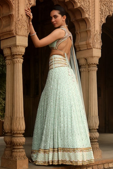 Shop Dheeru Taneja Green Crepe, Georgette, Net Pearls, Beads Qala Embroidered Bridal Lehenga Set at Aza Fashions Shop_Dheeru Taneja_Green Crepe, Georgette, Net Pearls, Beads Qala Embroidered Bridal Lehenga Set _at_Aza_Fashions