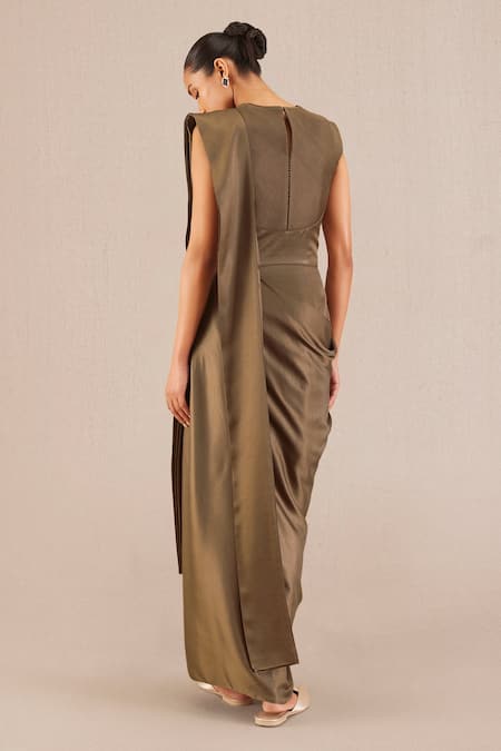 Ampm Taupe Pintuck Cap Sleeve Saree Gown 