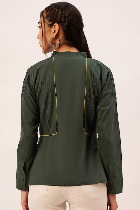 Shop_Zariya The Label_Green Cotton Piping Mandarin Collar Pintuck Side Slit Top _at_Aza_Fashions