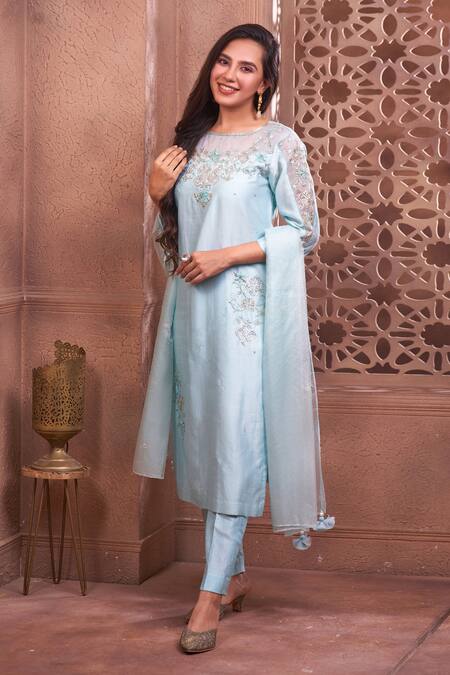 Shop Geetika Jain Blue Chanderi, Organza Embroidery, Pearls, Sequins Aqua Dabka Hand Kurta Set at Aza Fashions Shop_Geetika Jain_Blue Chanderi, Organza Embroidery, Pearls, Sequins Aqua Dabka Hand Kurta Set_at_Aza_Fashions