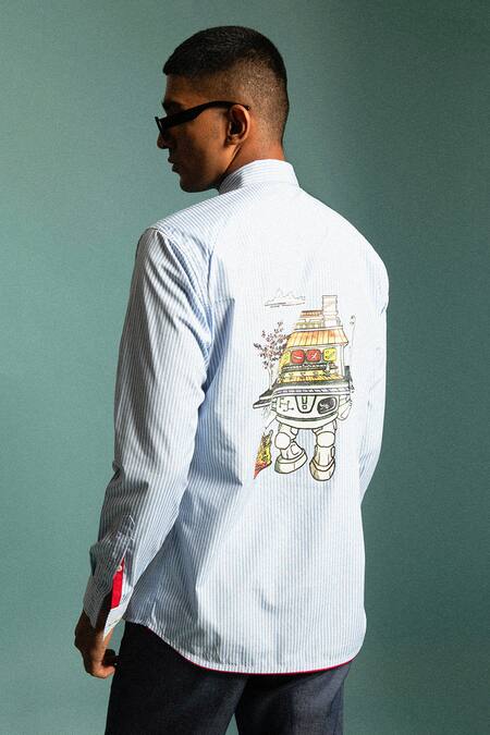 Shop Sahil Aneja Blue Cotton Screen Print Ramen Bot Stripe Shirt at Aza Fashions Shop_Sahil Aneja_Blue Cotton Screen Print Ramen Bot Stripe Shirt_at_Aza_Fashions