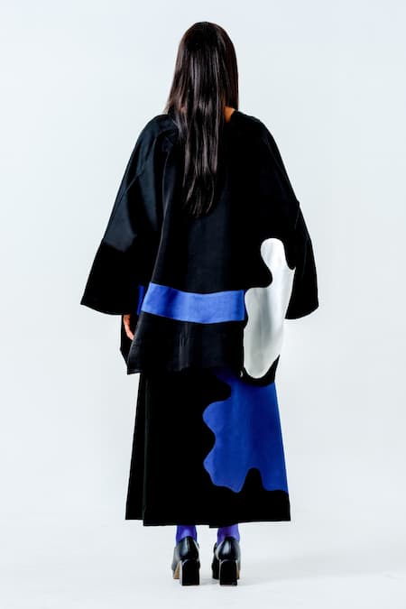 Shop_Stoique_Black Linen, Satin Applique Open Neck Chia Work Kimono Sleeve Jacket _at_Aza_Fashions
